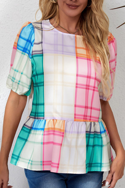 Bold Plaid Colour Block Puff Sleeve Peplum Top | Multicolour