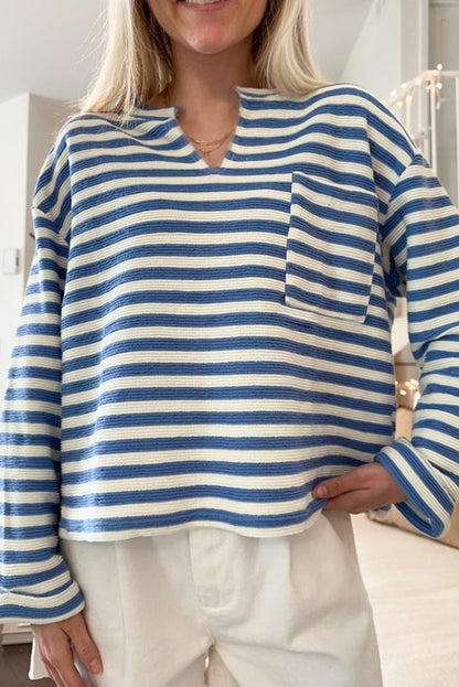 Chest Pocket Buttoned Back Notched V Neck Top | Sky Blue Stripe