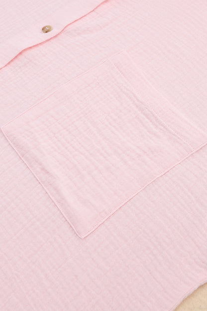 Crinkle Texture Roll-Tab Sleeve Shirt | Pink