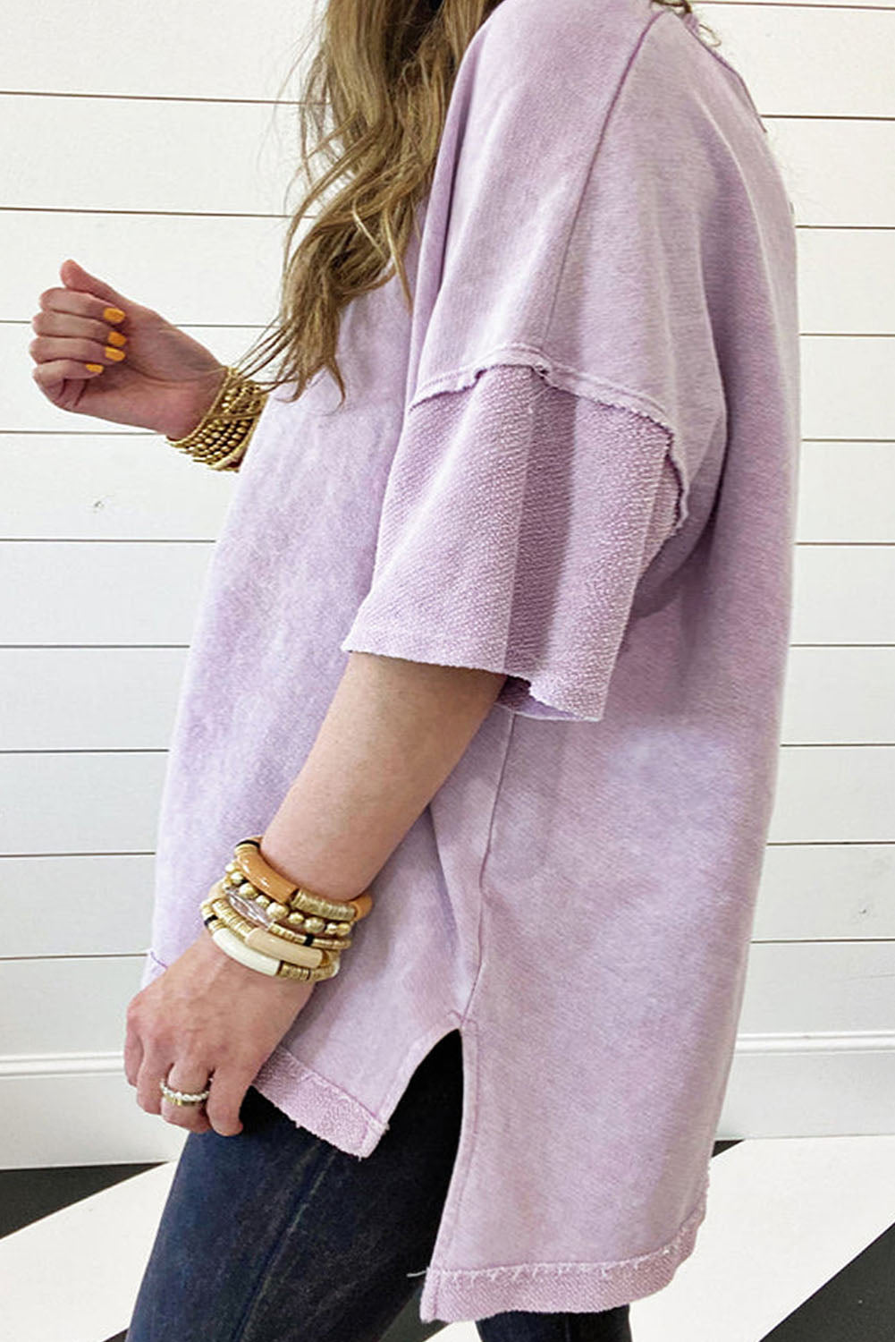 Mineral Wash Drop Sleeve Patchwork Plus Tee | Orchid Petal