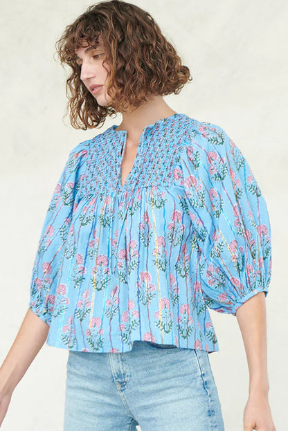 Floral Striped Print Shirred Yoke Split Neck Blouse | Sky Blue