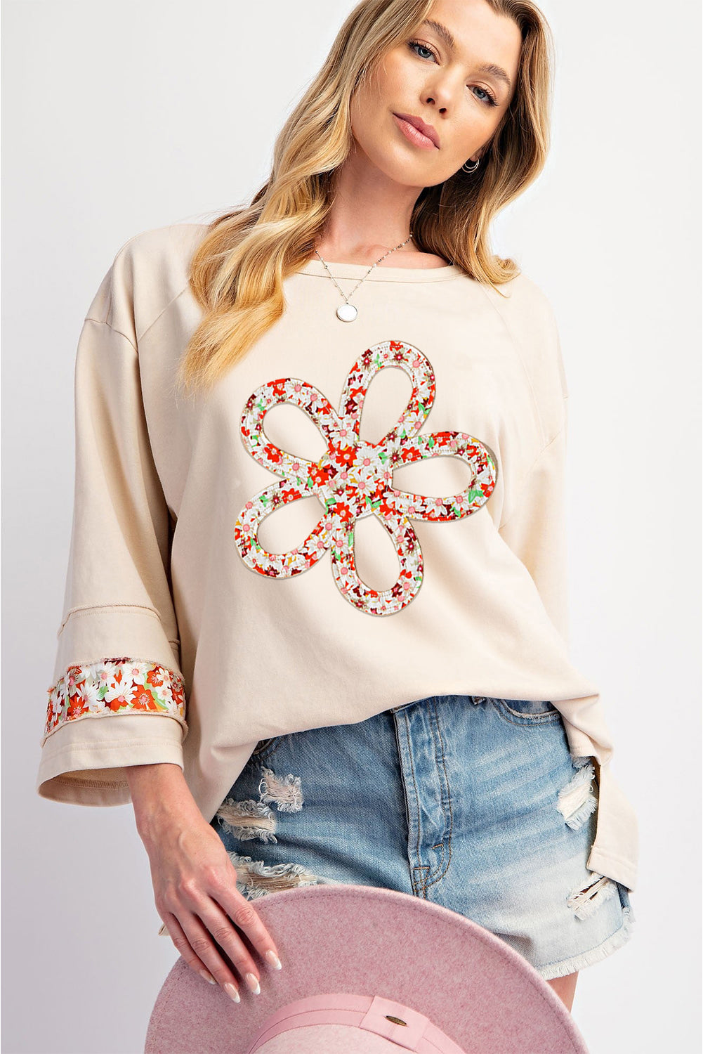 Flower Patch Graphic Exposed Seam Wide Sleeve Top | Beige