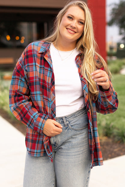 Plus Size Plaid Print Buttoned Shirt | Red