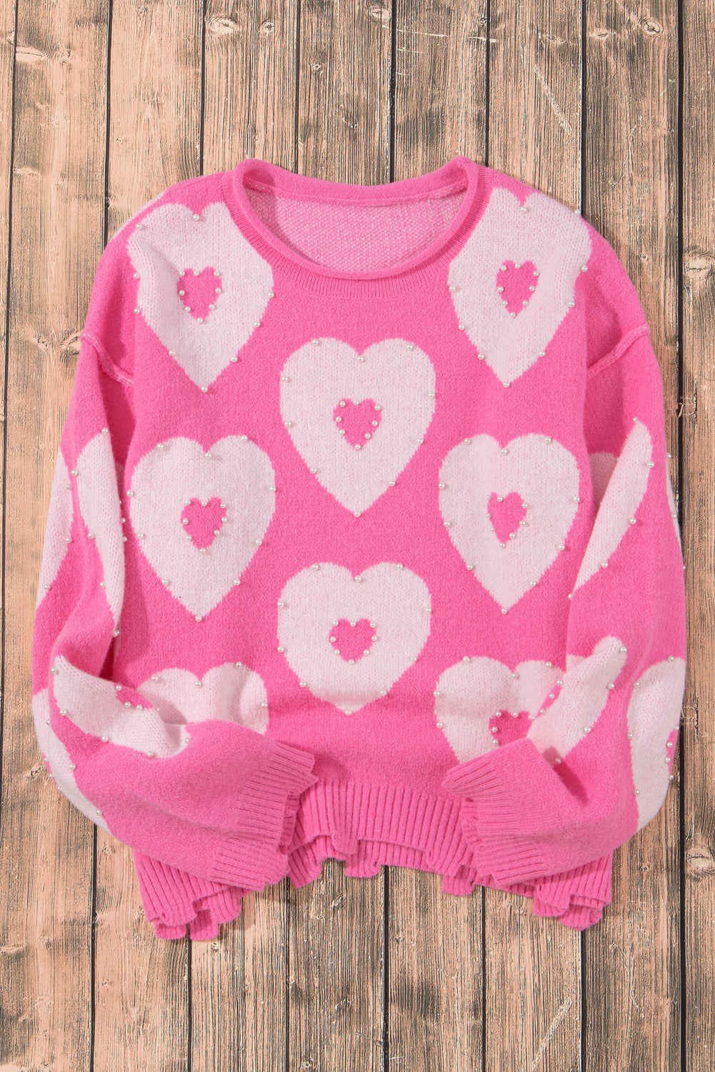 Pearl Beaded Heart Drop Shoulder Sweater | Bonbon