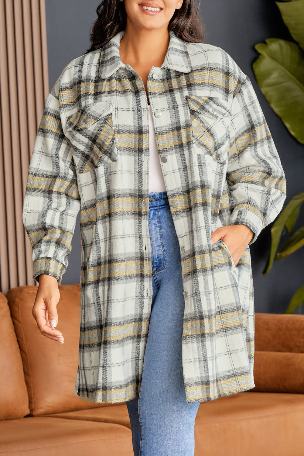 Plus Size Plaid Pocketed Side Slit Shacket | Multicolour