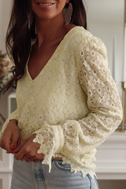 Floret Lace V Neck Long Sleeve Blouse | Beige