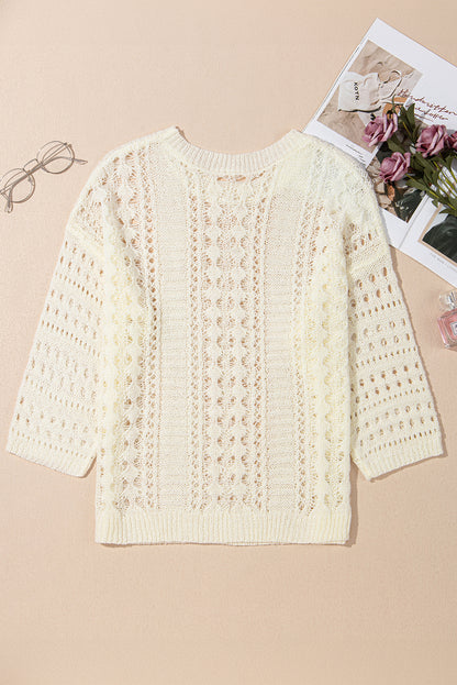 Hollow Out Knit Bracelet Sleeve Drop Shoulder Sweater | White