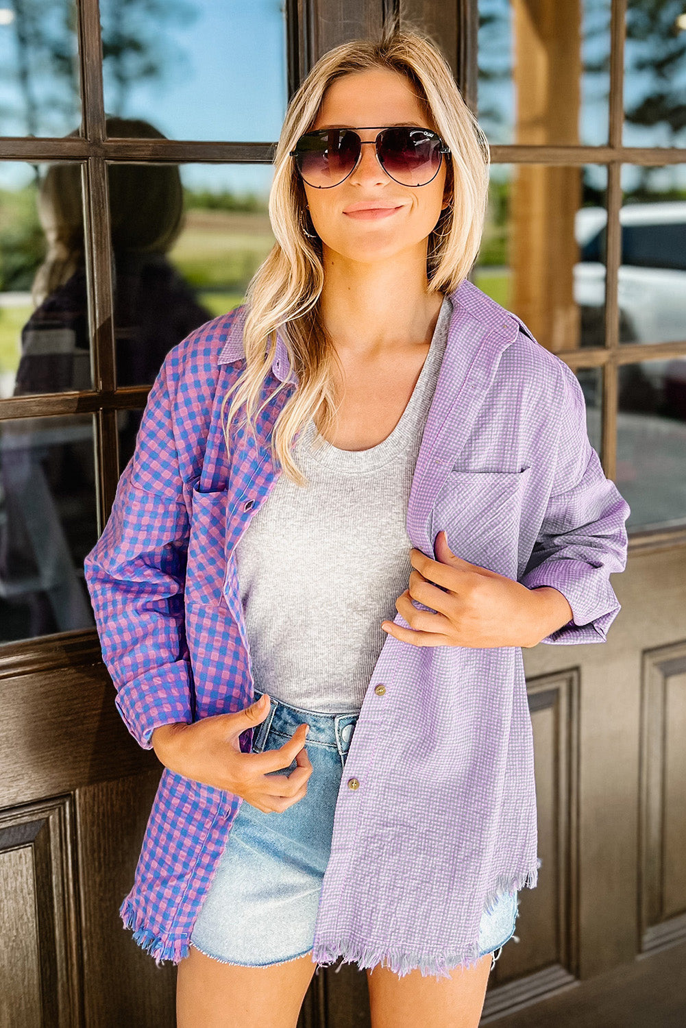 Mixed Plaid Button Down Long Sleeve Chest Pocket Shirt | Purple