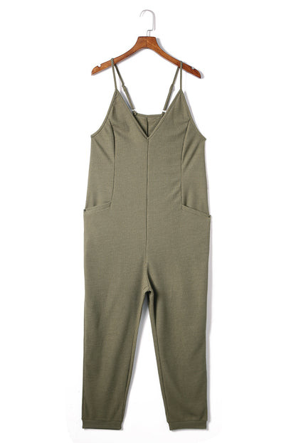 Textured Sleeveless V-Neck Pocketed Casual Jumpsuit | Green