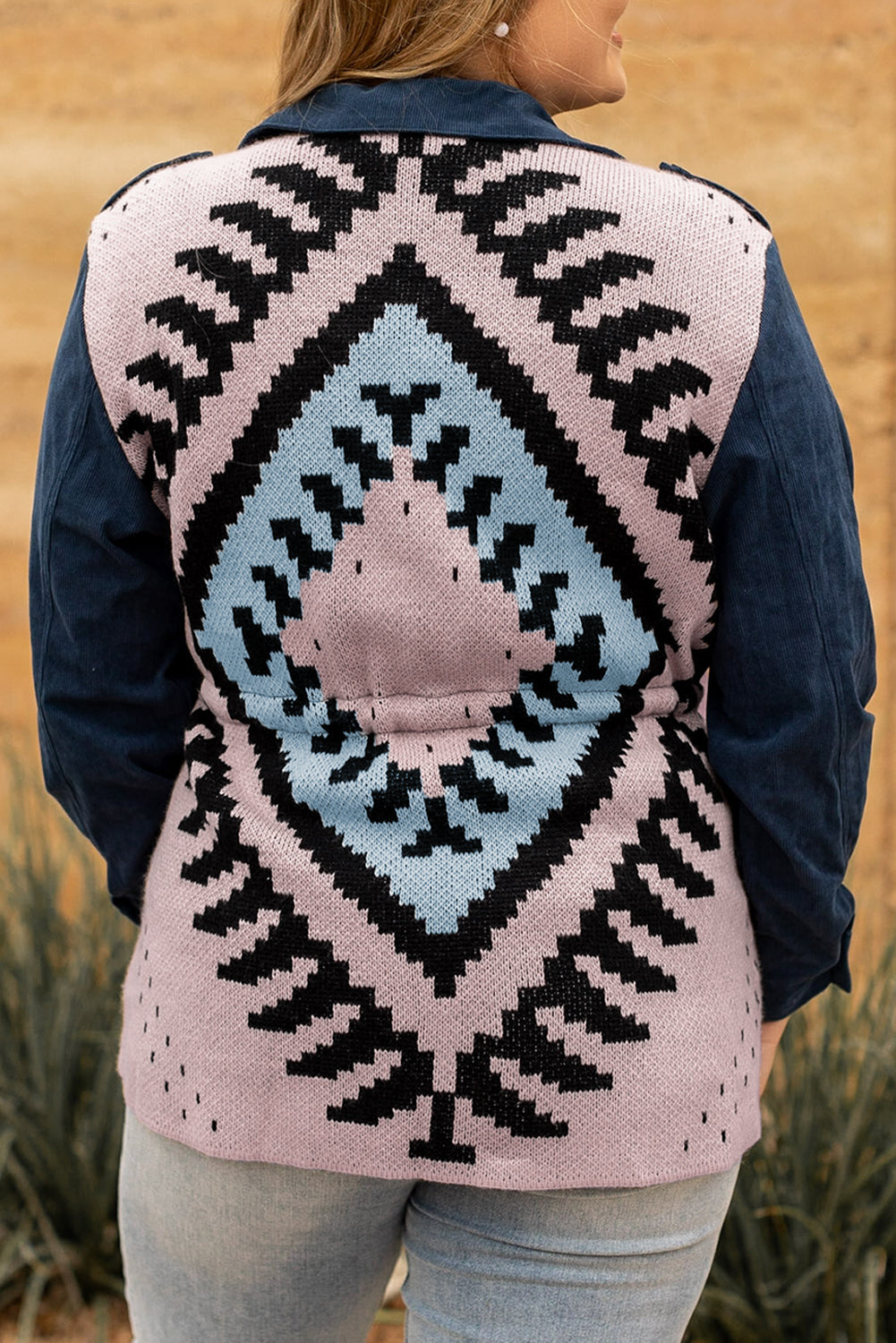 Plus Size Corduroy Jacquard Knit Aztec Back Jacket | Blue