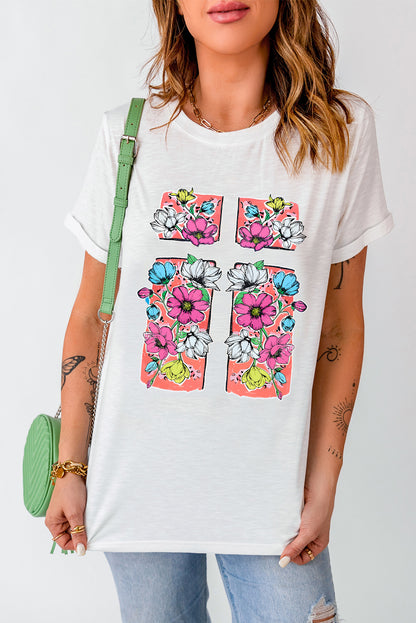 Floral Crossed Graphic Easter Round Neck T Shirt | White