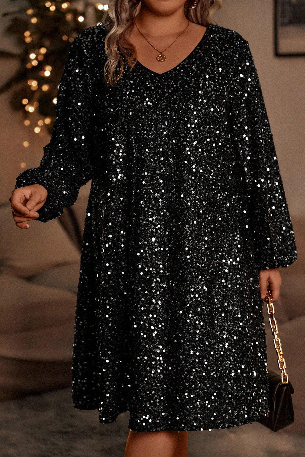 Colour Black Plus Size Bubble Sleeve V Neck Sequin Dress | Colour black