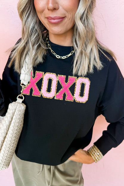 Chenille Xoxo Patched Drop Shoulder Valentines Pullover Sweatshirt | Black