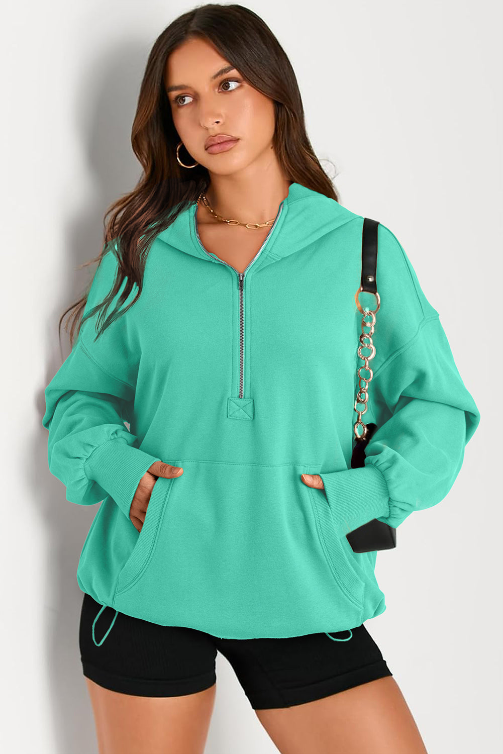 Solid Kangaroo Pocket Half Zipper Oversized Hoodie | Aruba Blue