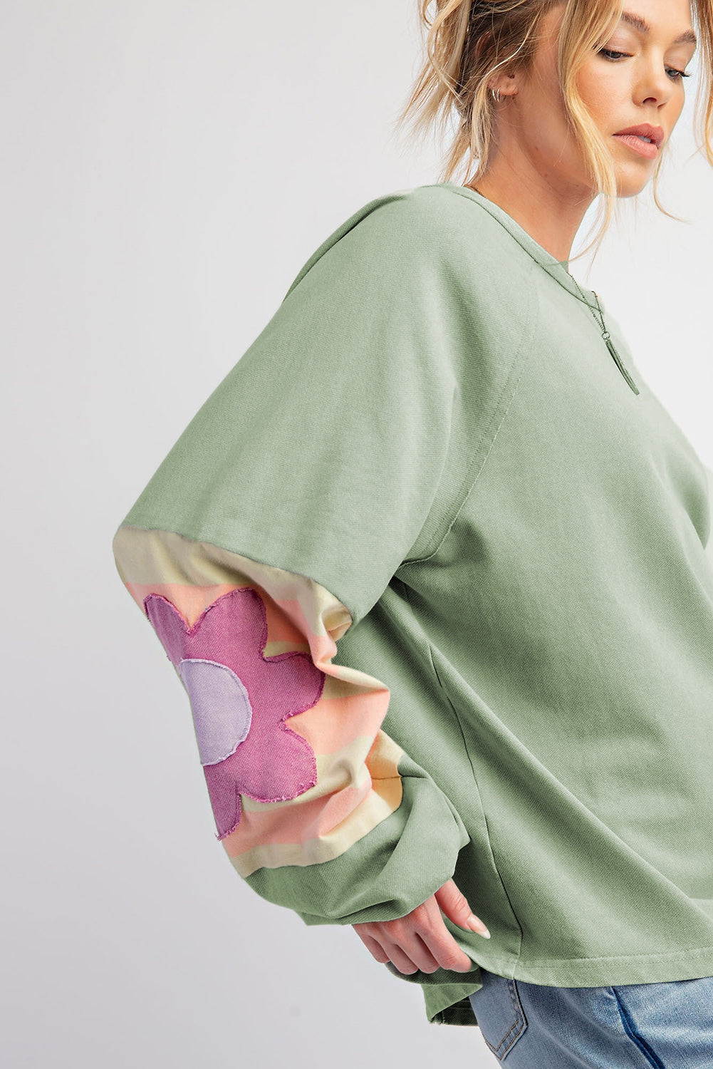 Flower Patchwork Raglan Sleeve Exposed Seam Oversized Top | Smoke Green