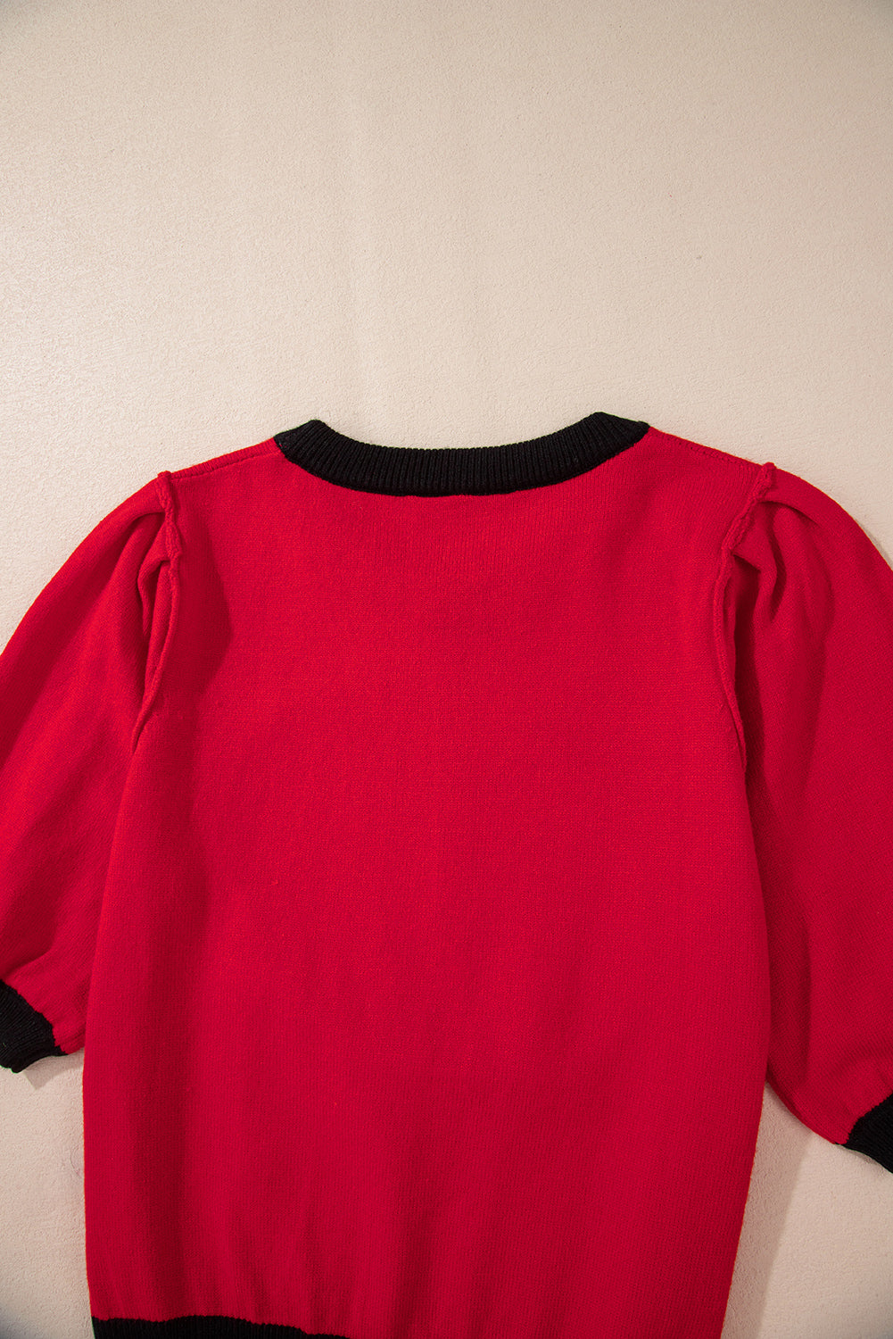 Sequin Rugby Colour Block Puff Short Sleeve Sweater | Red