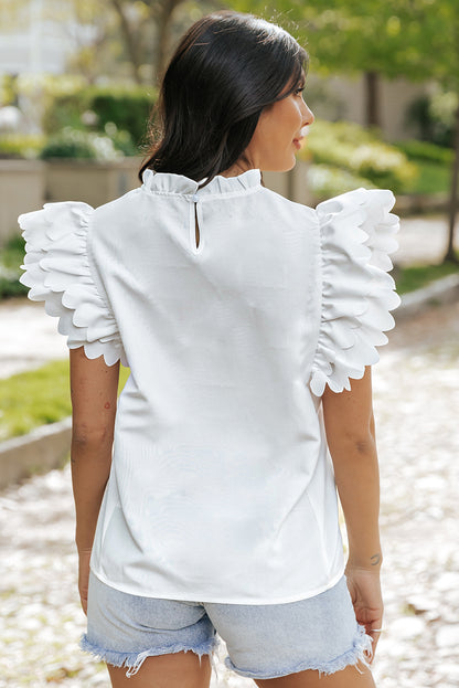 Solid Colour Scalloped Ruffle Sleeve Top | White