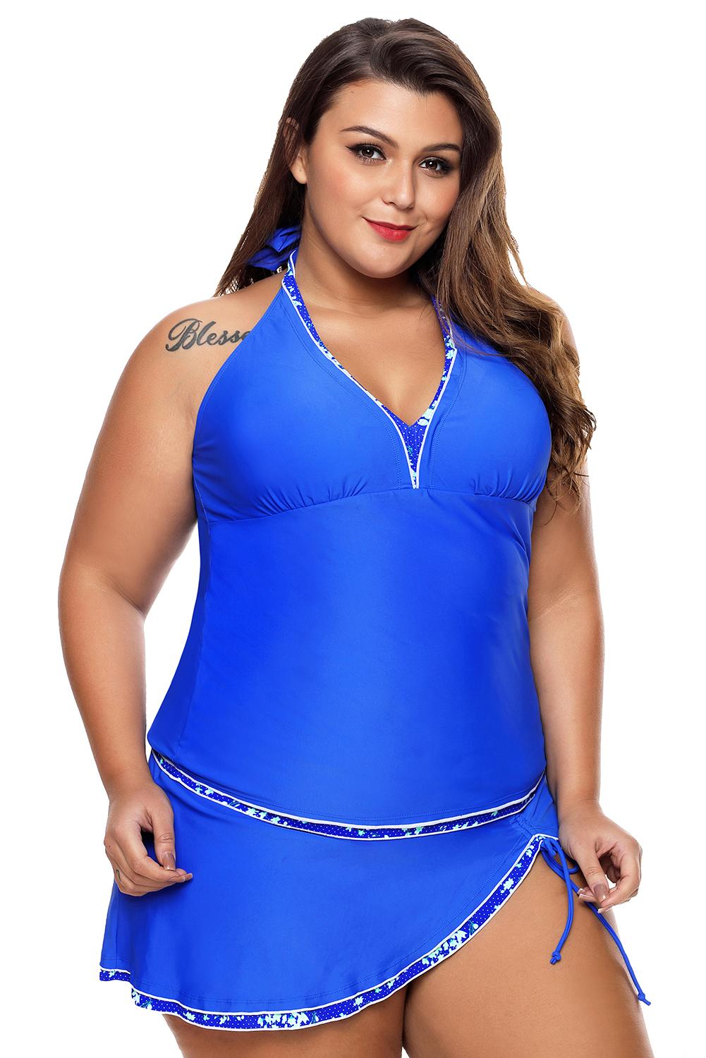 Contrast Trim Tankini Top With Swimsuit Skirt Tankini Set | Sky Blue