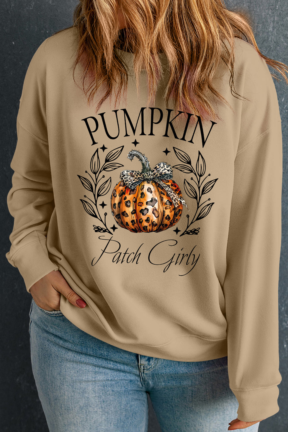 Apricot Halloween Leopard Pumpkin Print Plus Size Sweatshirt