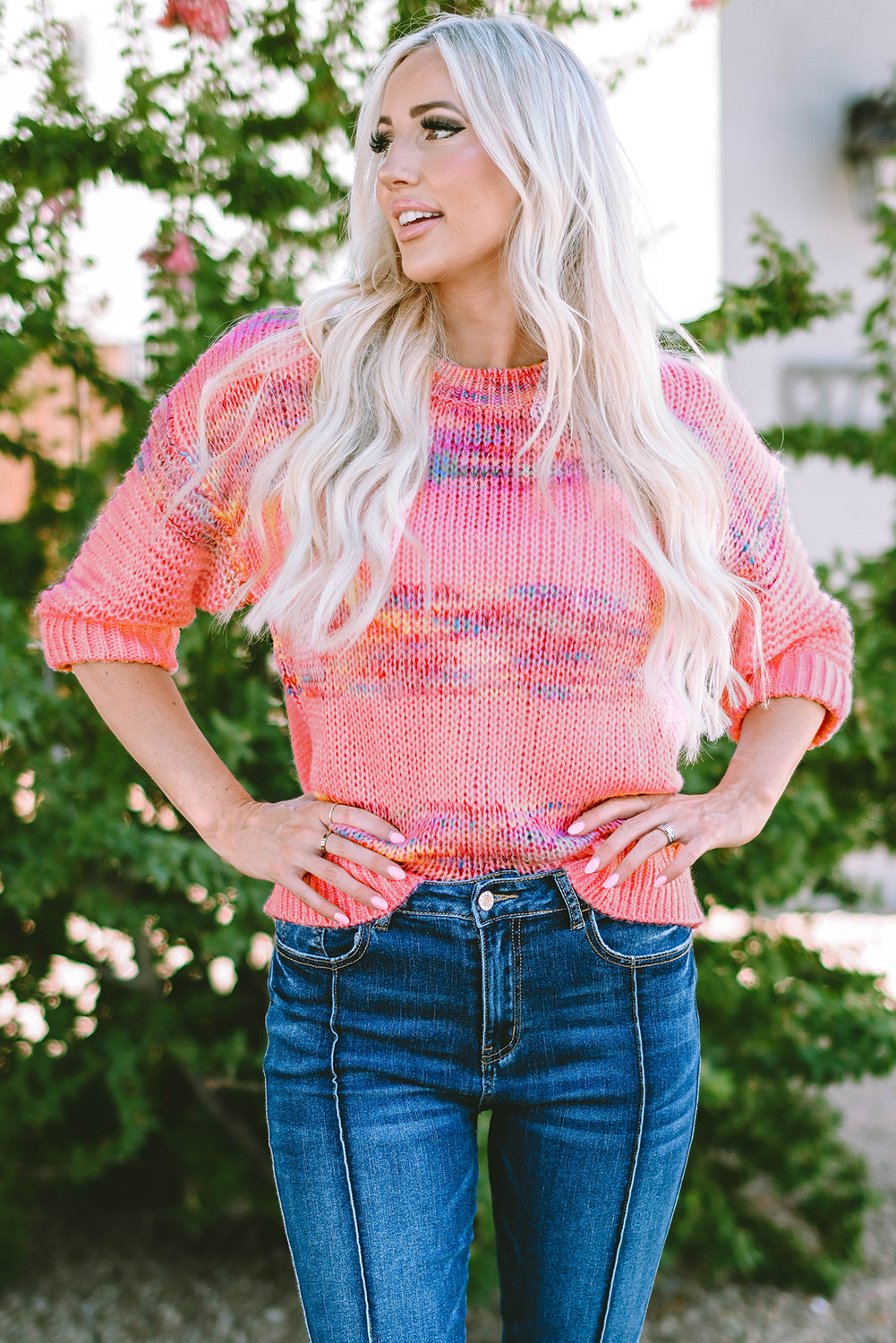 Colourful Stripes 3/4 Sleeve Loose Sweater | Rose