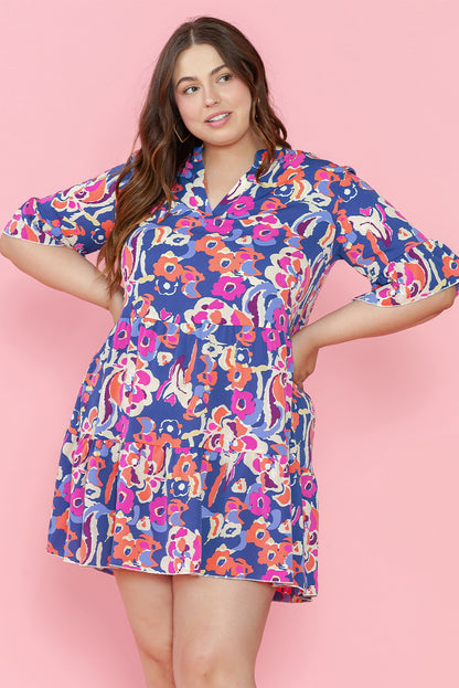 Plus Size Floral Print Ruffled 3/4 Sleeve Mini Dress | Blue