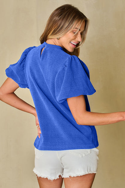 Solid Textured Puff Sleeve Mock Neck Blouse | Sky Blue