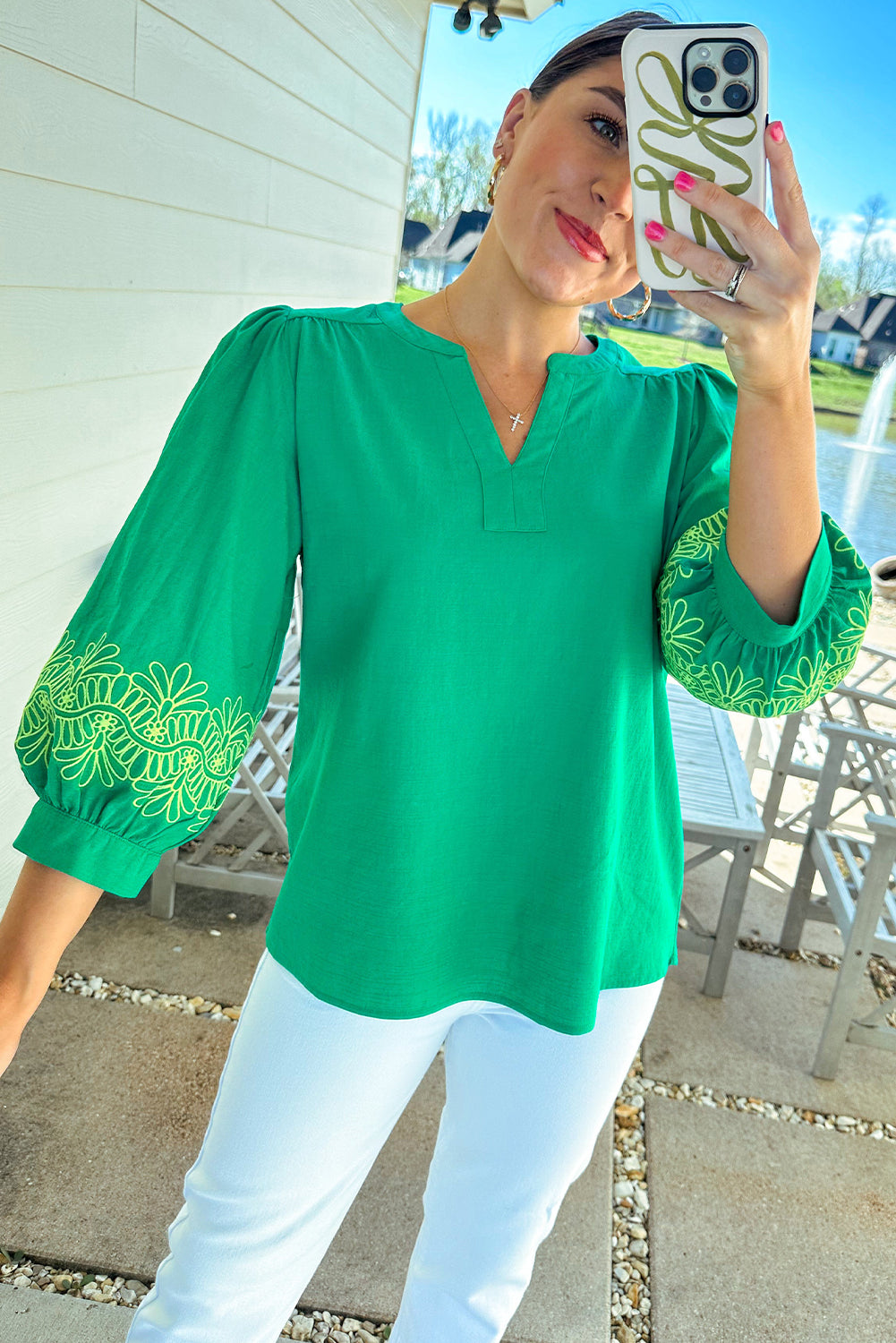 Contrast Floral Embroidered 3/4 Sleeve Notched V Neck Elegant Blouse | Green