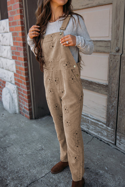 Flower Print Corduroy Overalls | Khaki