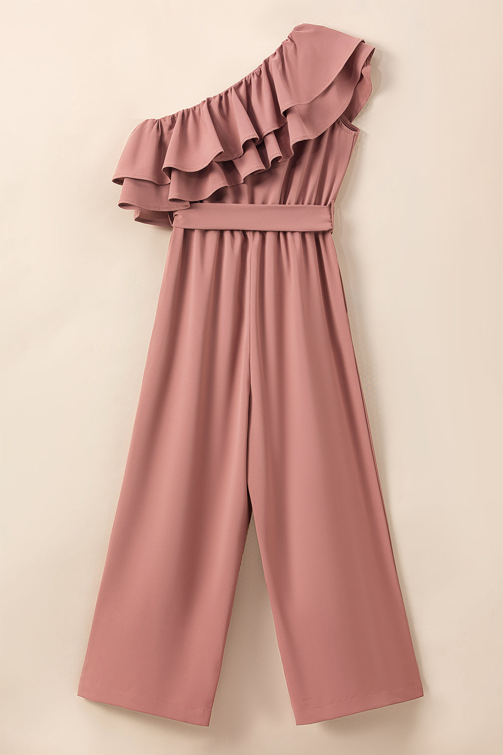 One Shoulder Ruffle Trim Belted Jumpsuit | Dusty Pink