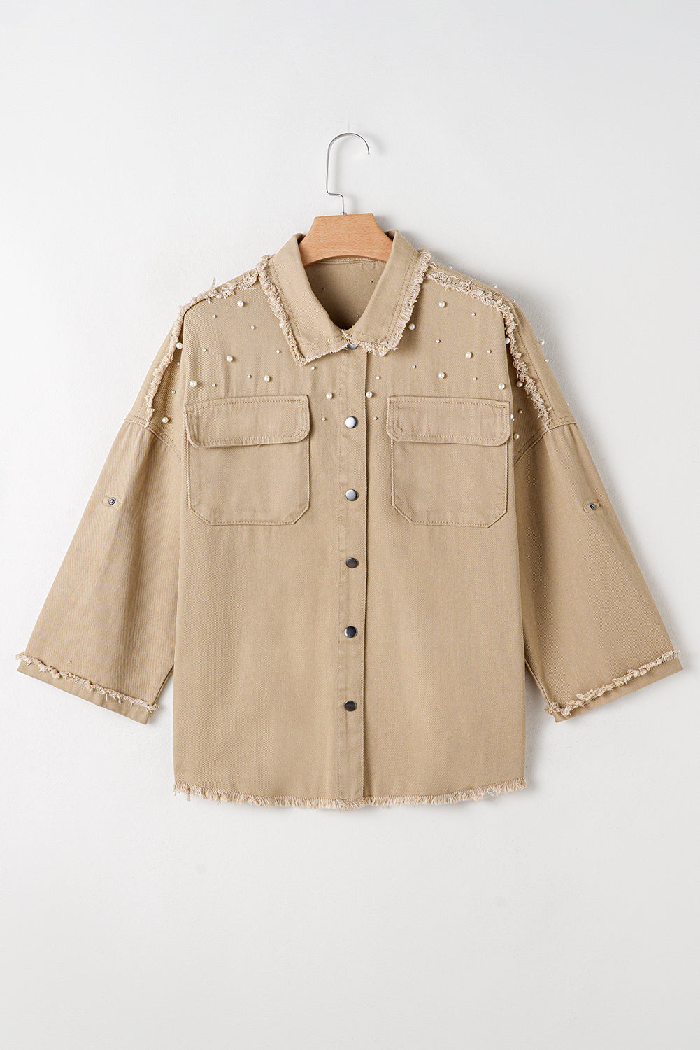 Pearl Beaded Raw Hem Button Up Denim Jacket | Khaki