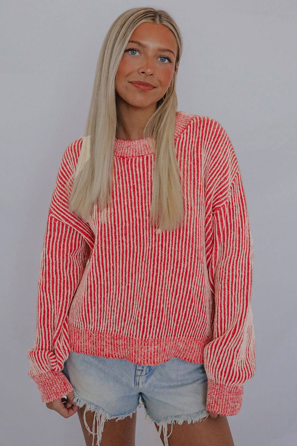 Striped Print Ribbed Trim Round Neck Sweater | Red