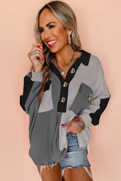 Colourblock Ribbed Collared Oversized Sweatshirt | Gray