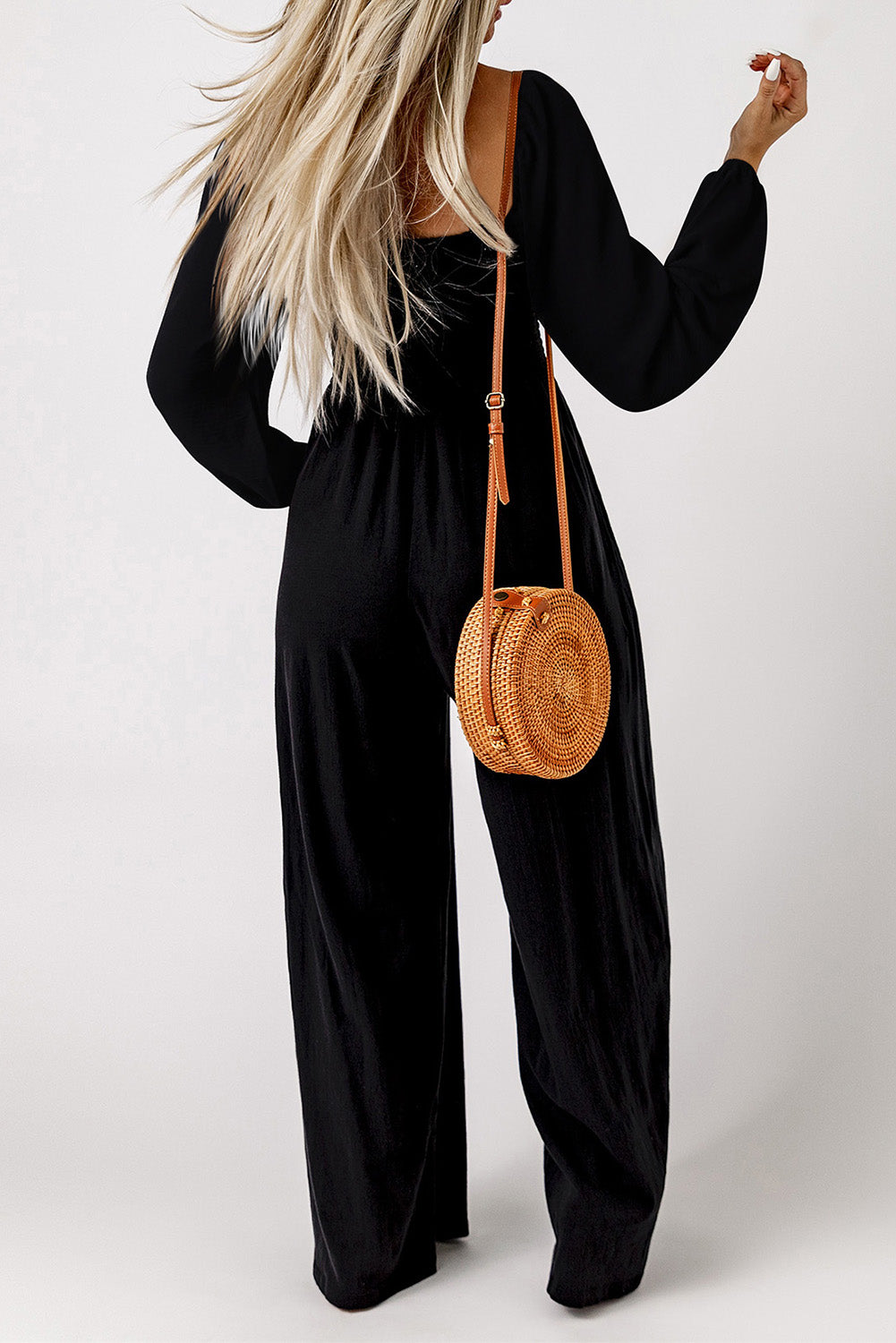 Smocked Square Neck Long Sleeve Wide Leg Jumpsuit | Black