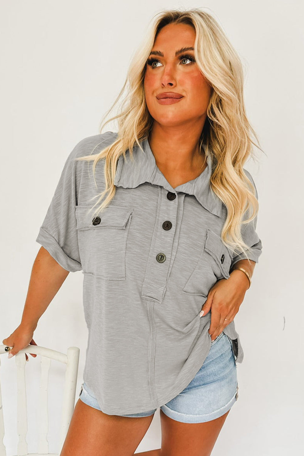 Chest Pockets Half Buttoned Collared Blouse | Light Grey