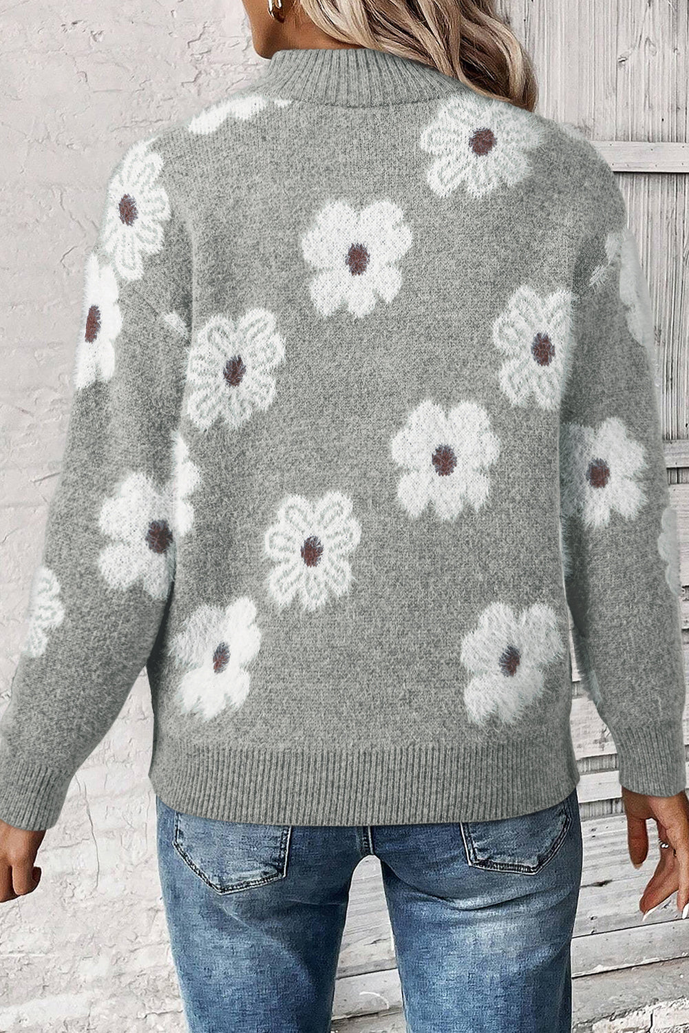 Floral Pattern Half Zip Drop Shoulder Sweater | Gray