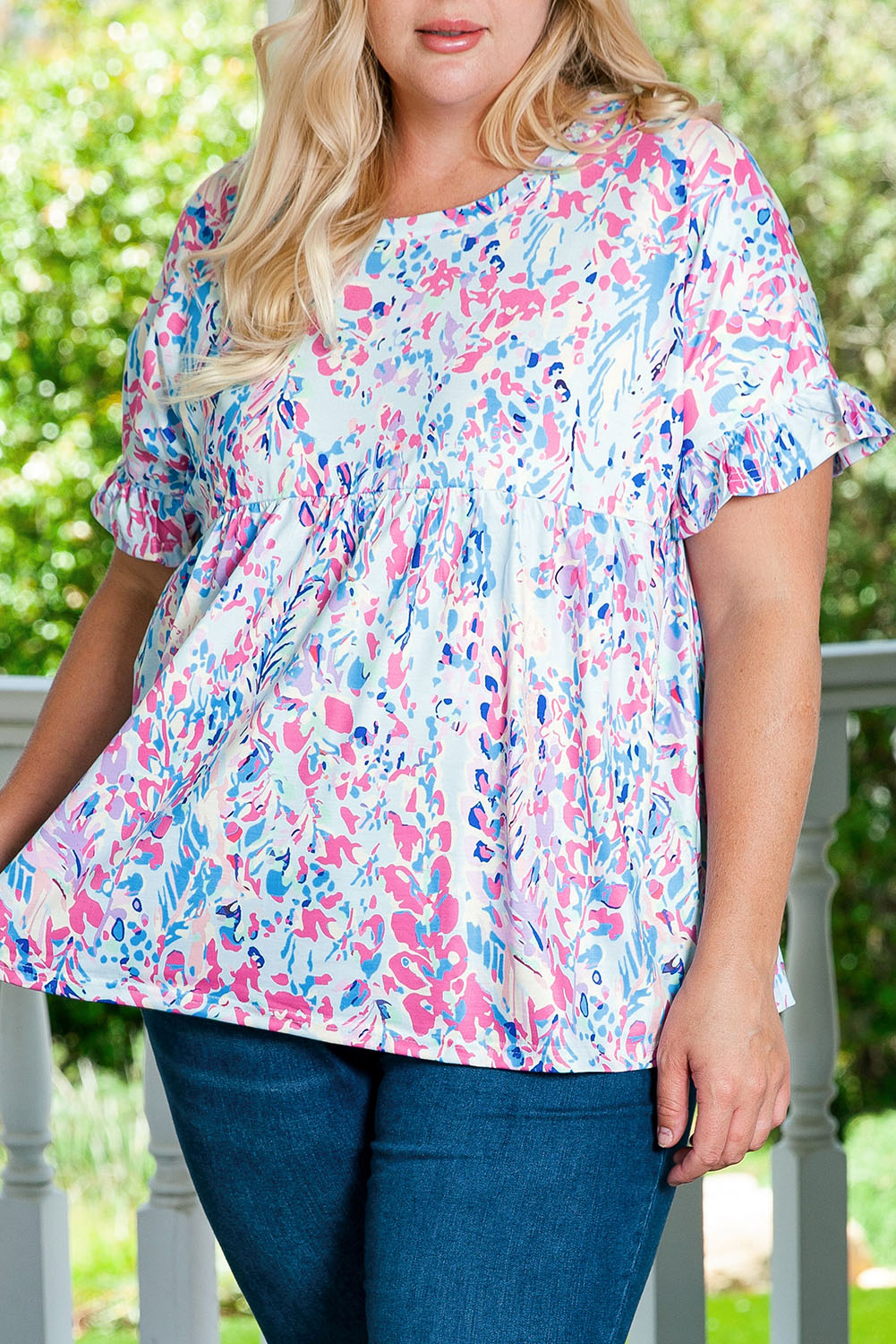 Vibrant Botanical Print Frill Short Sleeve Plus Size Top | Purple