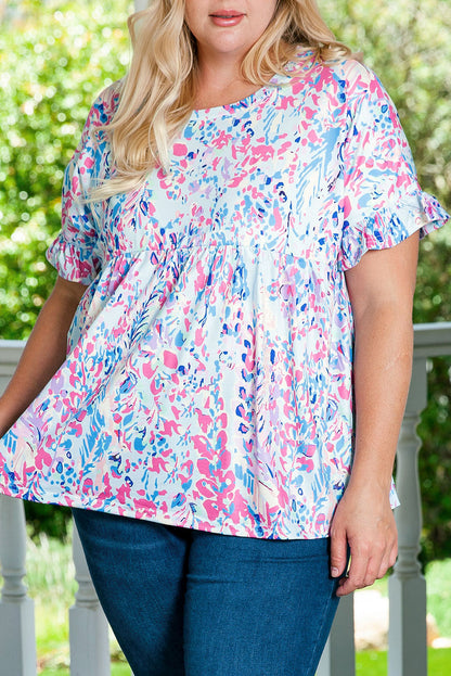 Vibrant Botanical Print Frill Short Sleeve Plus Size Top | Purple