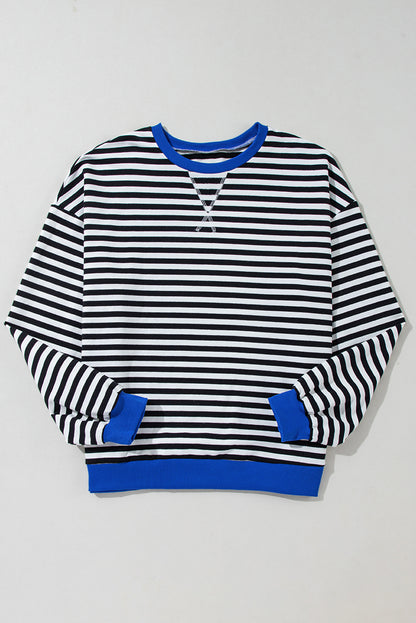 Oversized Contrast Trim Pullover Sweatshirt | Black Stripe