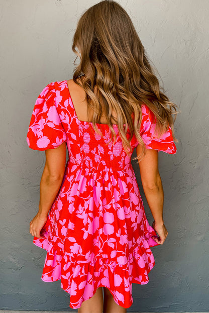 Floral Bubble Sleeve Sweetheart Neck Ruffled Mini Dress | Red