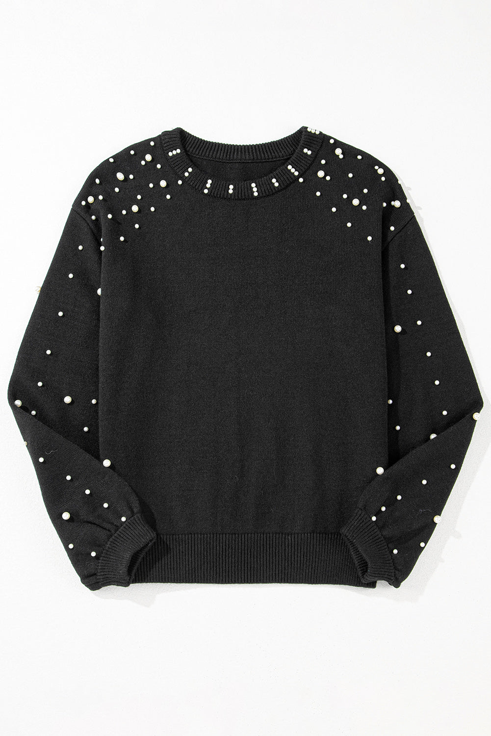 Pearled Drop Shoulder Round Neck Sweater | Black