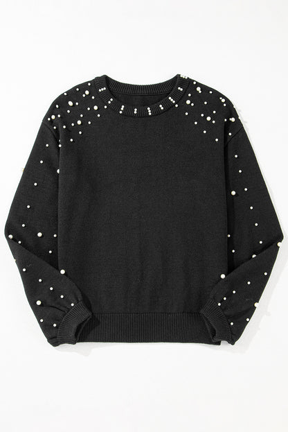 Pearled Drop Shoulder Round Neck Sweater | Black