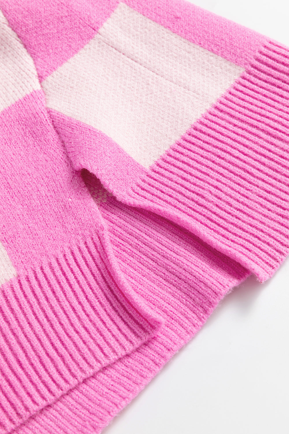 Checkerboard Half Button Collared Drop Shoulder Sweater | Pink