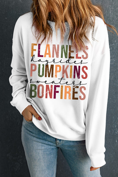 Flannels Pumpkins Bonfires Graphic Drop Shoulder Sweatshirt | Beige