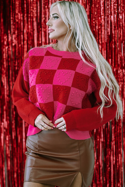 Checkered Pattern Heart Detail Textured Sweater | Multicolour