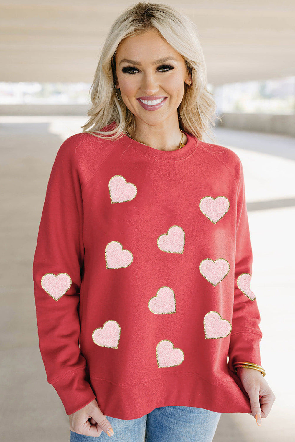 Heart Shaped Glitter Chenille Patched Pullover Sweatshirt | Red