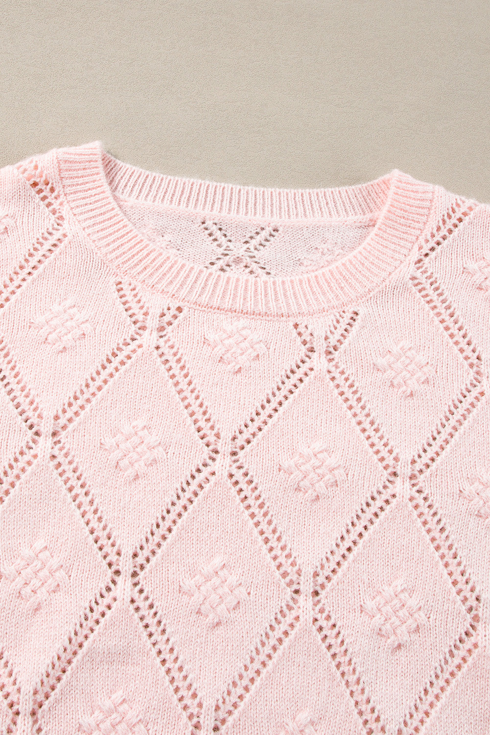 Openwork Plaid Puff Sleeve Cropped Sweater | Gossamer Pink