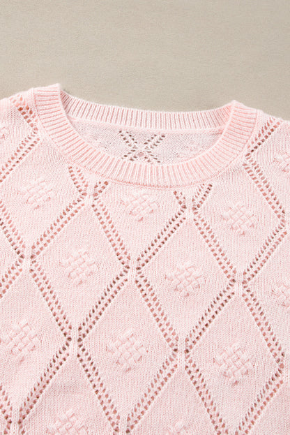 Openwork Plaid Puff Sleeve Cropped Sweater | Gossamer Pink