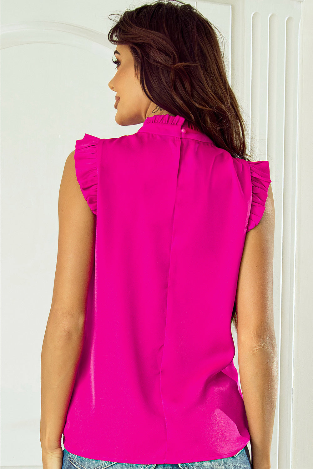 Pleated Mock Neck Frilled Trim Sleeveless Top | Bright Pink