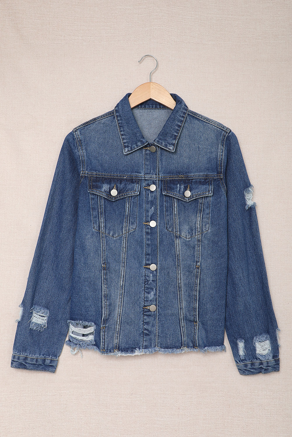 Lapel Distressed Raw Hem Buttons Denim Jacket | Blue