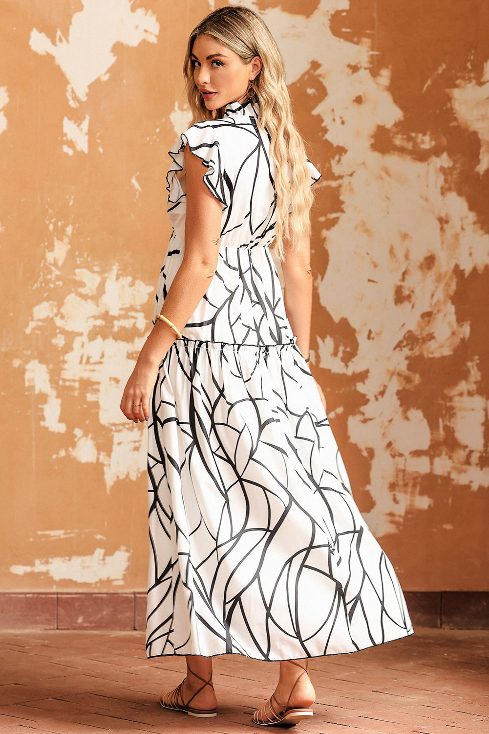 Abstract Vein Print V Neck Ruffle Maxi Dress | White